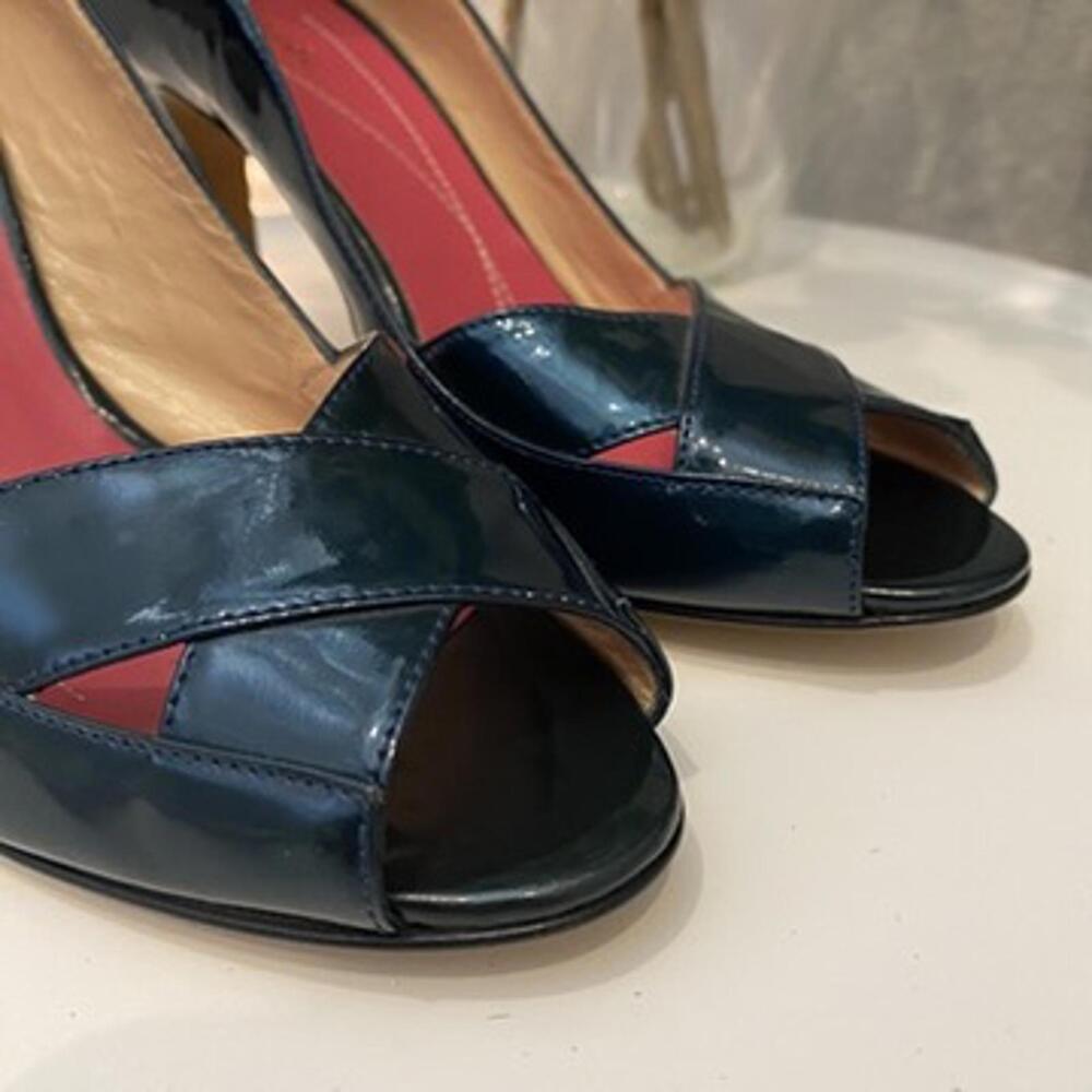 Kate Spade Emerald Patent Leather Heel Peep Toe Cross 6 Women Green Excellent - Picture 3 of 7